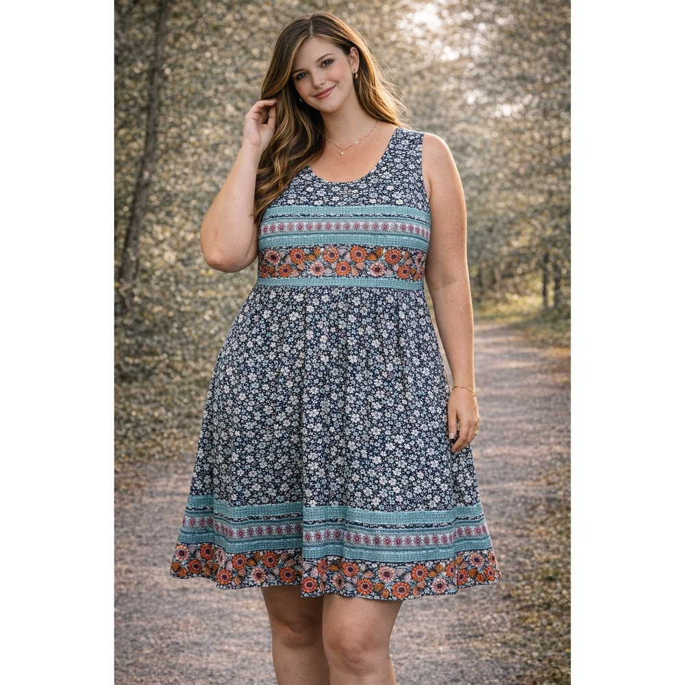 Sleeveless Navy Floral Border Midi Dress -